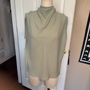 Showpo Sage Green Sleeveless Blouse with a high draped neckline hook closure sz6